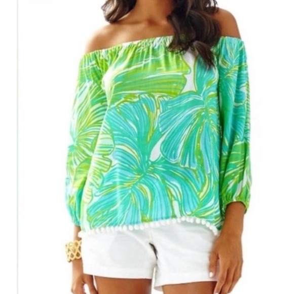 Lilly Pulitzer Tops - Lilly Pulitzer Enna Off-the-Shoulder Blouse Long Sleeve Pom Pom Hem Top Size XS